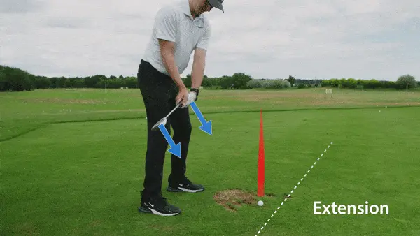 GIF of man showing how the lead wrist angle can lead to an open club face or a square club face. As he extends his wrist, arrows on the club point upward, and as he flexes his wrist, arrows on the club point down. There is a red line to show the direction the ball will go if it is hit with the corresponding wrist angles