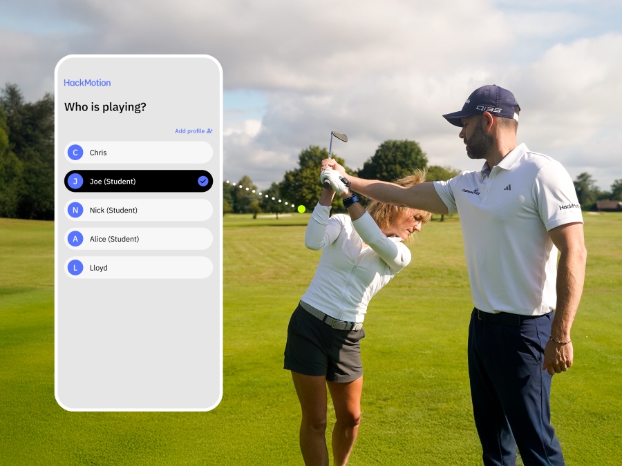 golf coach with student and hackmotion app screen