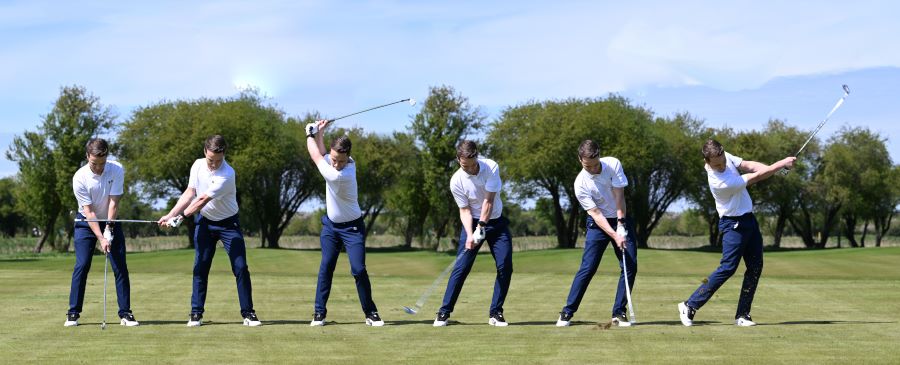 golfer hitting with iron swing sequence